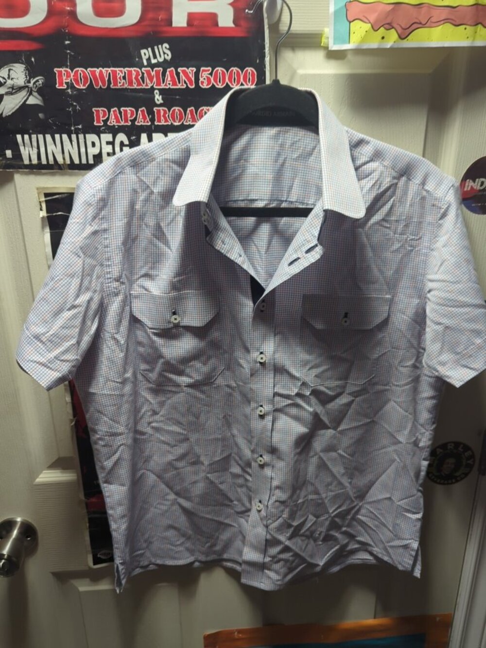 Giorgio Armani Red Blue Striped Check Cotton Men Casual Shirt Short Sleeve M